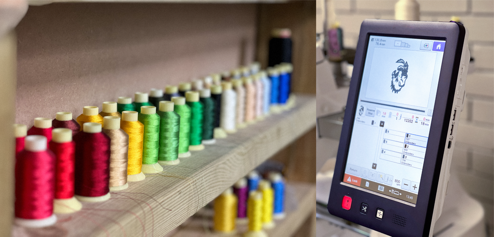 Embroidery threads neatly organised on a shelf. Embroidery machine screen showing a design.